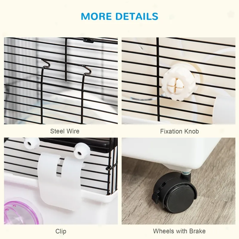 PawHut Hamster Cage, Gerbil Haven, Multi-storey Rodent House, Small Animal Habitats, Large Hide-out, w/ Water Bottle, Tubes, Excise Wheel, Food Dish, Ramp, Shower Room, White