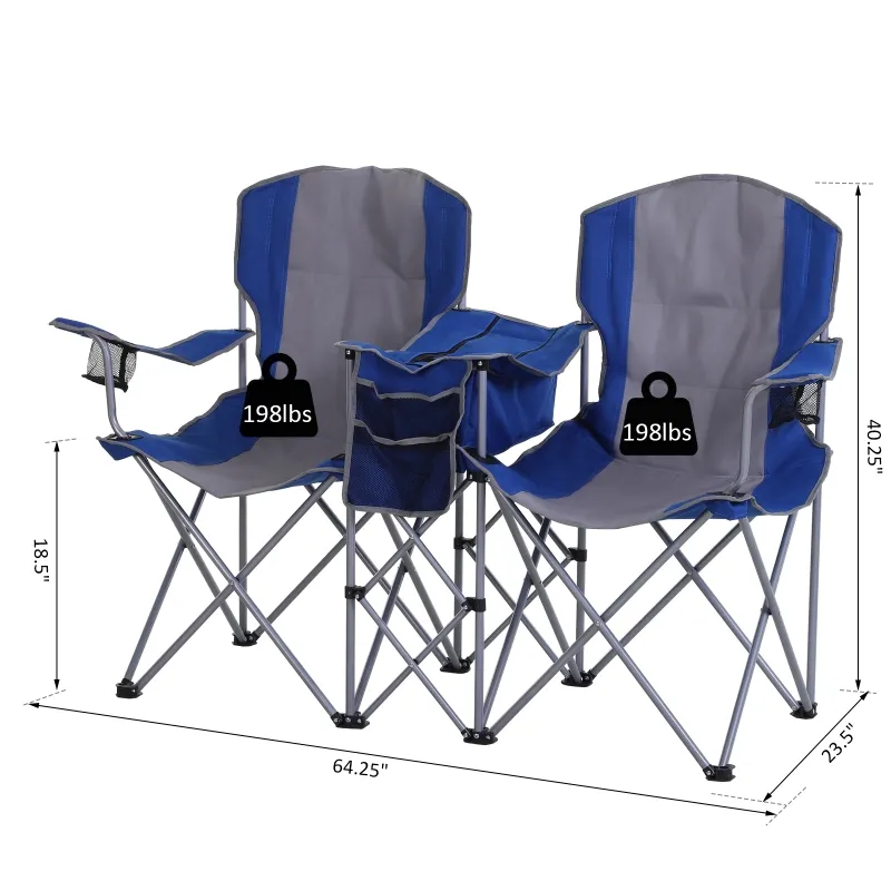Outsunny 2-Person Folding Oxford Metal Portable Camping Chair with Center Ice Bag & Included Magazine Sleeve - Blue