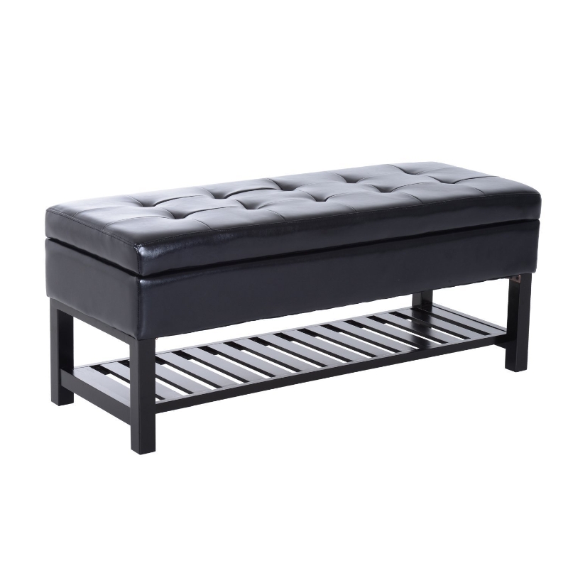 HOMCOM 44" Tufted Faux Leather Ottoman Storage Bench with Shoe Rack - Black