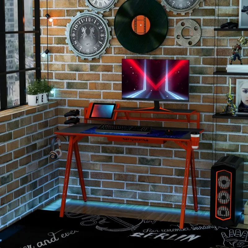 HOMCOM 53" Gaming Desk, Racing Computer Desk with Monitor Shelf, Gamepad Rack, Cup Holder, Headphone Hook, and Cable Basket, Red