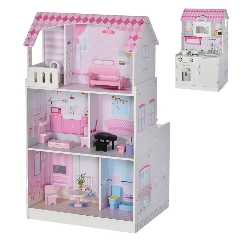 Qaba 2 in 1 Multifunctional Kids kitchen Doll House Toddler Pretend Play Toy Kitchen with Accessories Realistic Play Cooking Set for Girls Boys Pink