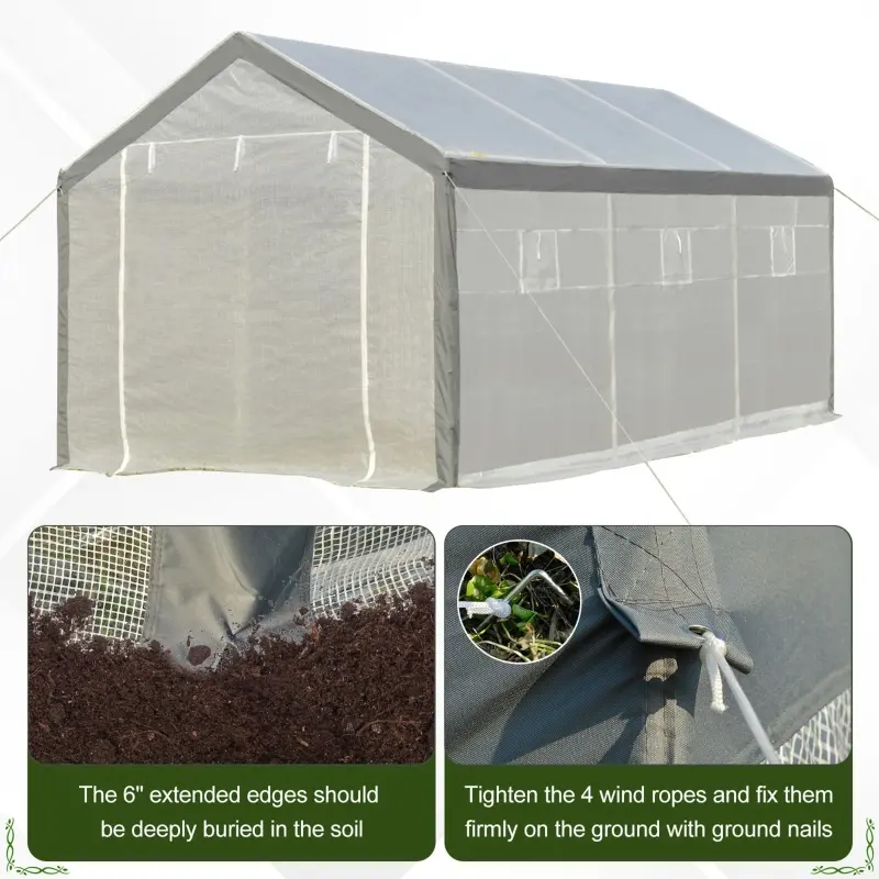 Outsunny 20' L x 10' W x 9' H Large Walk-in Greenhouse with Roll Up Door, 8 Closeable Windows, & Weather PE Cover