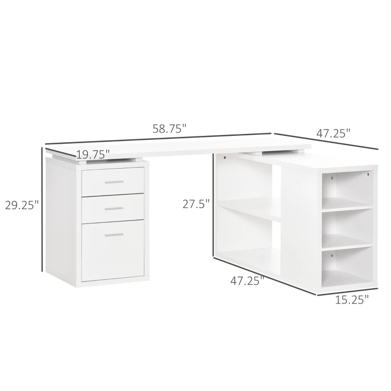HOMCOM L-Shaped Computer Desk with Large Desktop, 3 Drawers and 5 Total Storage Shelves with Customized Assembly Options, White