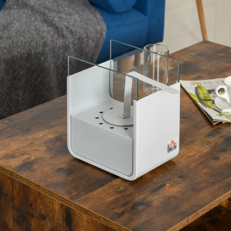 HOMCOM Ethanol Fireplace, 7.75" Tabletop 0.10 Gal, Stainless Steel, Burns up to 2 Hours, White