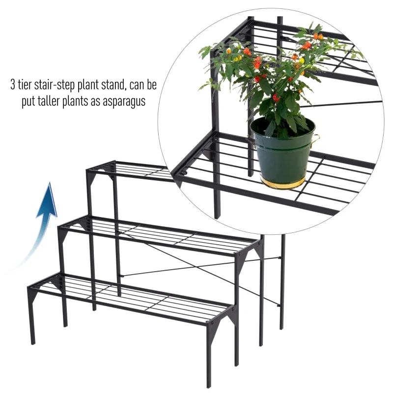 Outsunny Outdoor Plant Stand, 3 Tier Flower Stand, Metal Plant Shelf for Indoor Home & Outdoor Patio Balcony Yard Use
