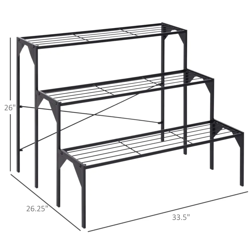Outsunny Outdoor Plant Stand, 3 Tier Flower Stand, Metal Plant Shelf for Indoor Home & Outdoor Patio Balcony Yard Use