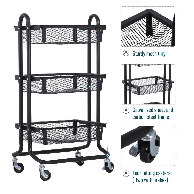 HOMCOM 3-Tier Rolling Cart Multifunction Utility Cart Storage Cart Trolley on Wheels with Mesh  Metal Basket Black