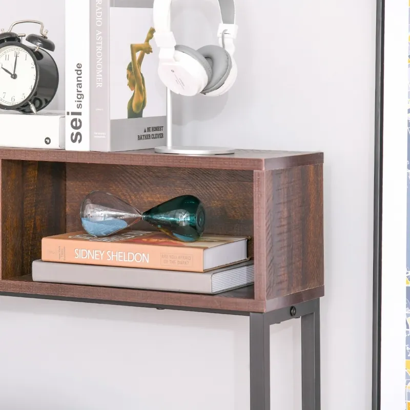 HOMCOM L-Shaped Home Office Desk with Bottom Tower Shelf, 3 Cube Shelves, Computer Writing Desk with Metal Frame, Walnut Brown