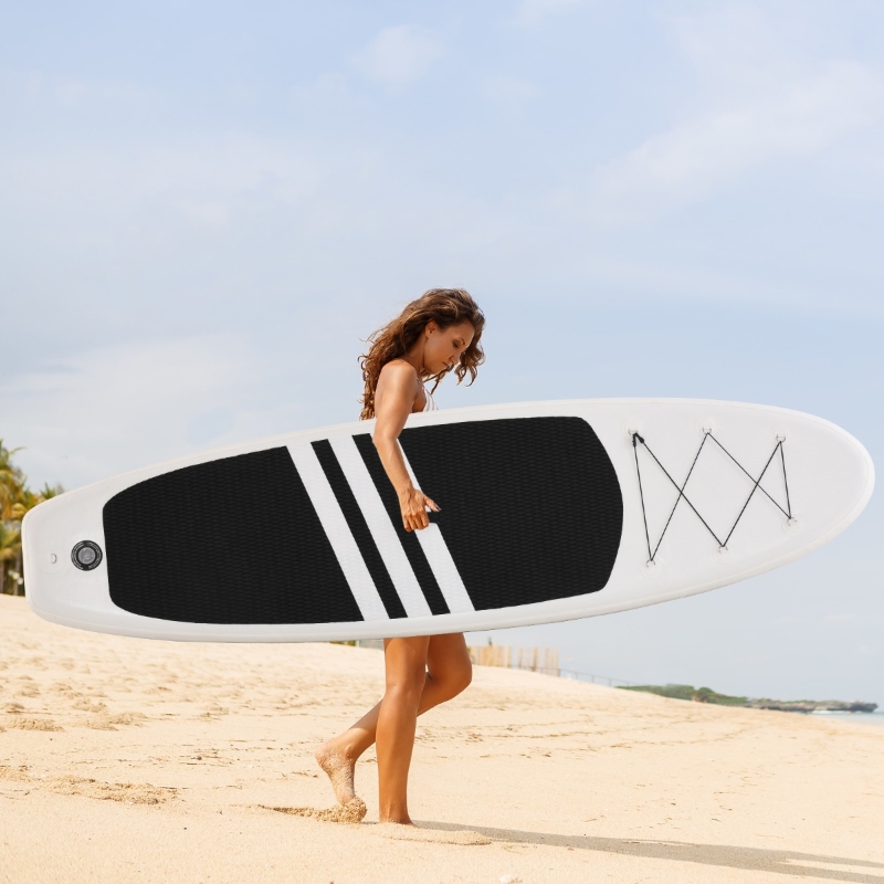 Soozier Inflatable Stand Up Paddle Board with Durable Accessories SUP Carry Bag Non-Slip Deck Adj Paddle Pump Leash for Adults Kids Black and White