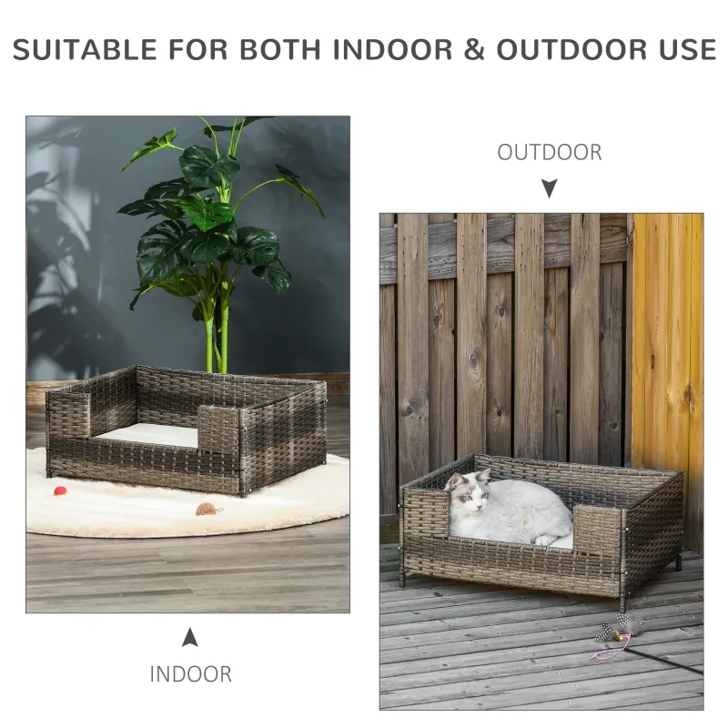 PawHut Rattan Pet Bed Raised Wicker Dog Sofa for Doggy and Cat Indoor & Outdoor with Soft Washable Cushion Gray