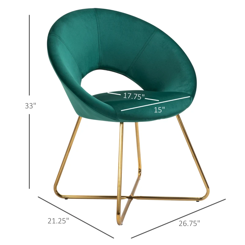 HOMCOM Modern Accent Velvet Chair Open Curved Mid-Back Upholstered Vanity Chair with Gold Plating Metal Legs for Living Room/Office/Reception Green