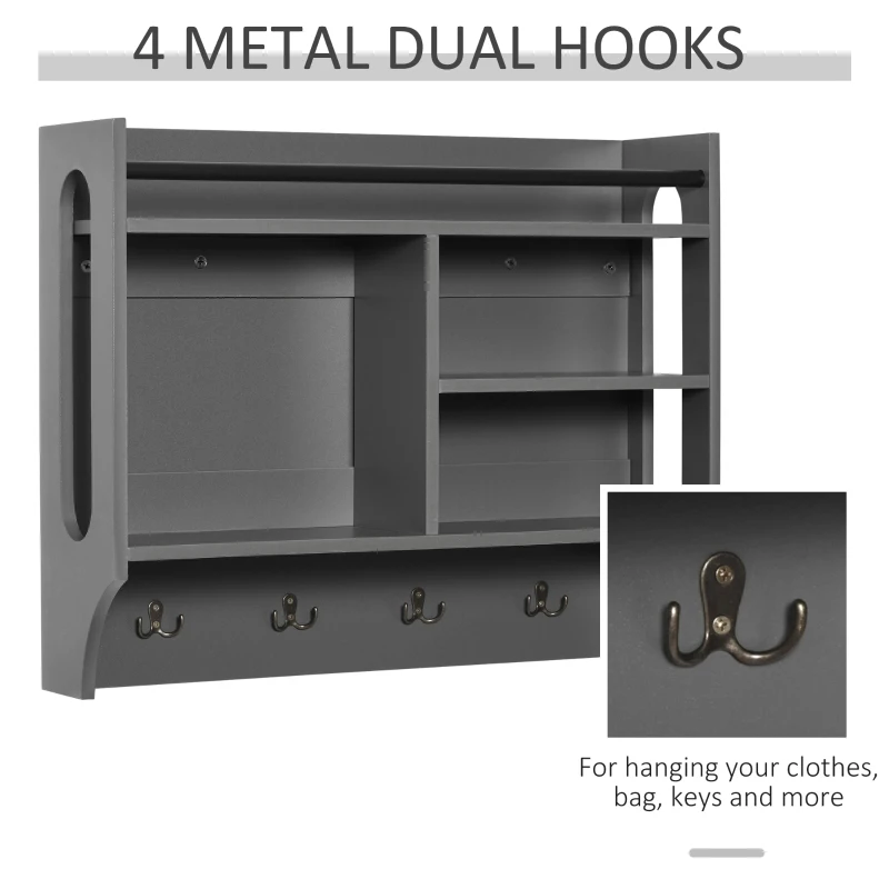 HOMCOM Wall-Mounted Floating Storage Shelf with 4 Storage Units and 4 Dual Hooks, Grey