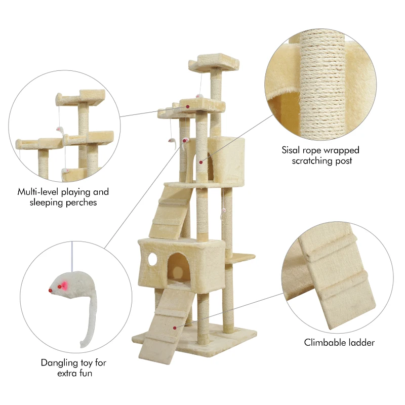 PawHut 71in Deluxe Multi-Level Scratching Cat Tree Play House with Two Condos and Toys Beige