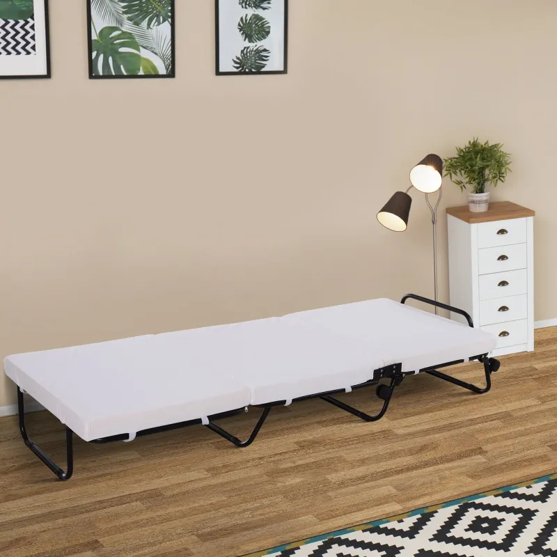 HOMCOM Portable Folding Bed, Single Guest Bed Convertible Sleeper with Wheels, Mattress with Frame, Grey