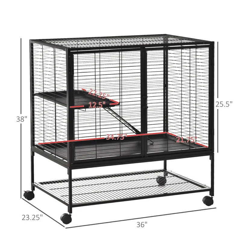 PawHut 42" Small Animal Cage with Wheels Removable Tray, 2-Tier Pet Playpen for Ferrets Chinchillas Guinea Pigs Kittens with Platform, Ramp