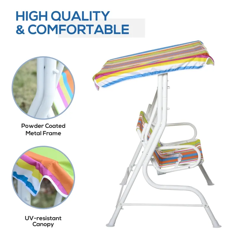 Outsunny Kids Porch Swing, Outdoor 2-Seat Children Patio Chair, Toddler Glider with Adjustable Canopy, Seat Belt for Garden Backyard Colorful Stripes