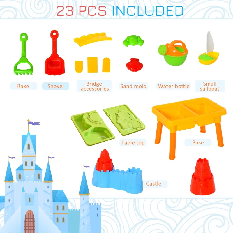 Qaba 23PCs Kids Sand and Water Table Beach Play Toddler Activity Sandbox Summer Beach Toy sets with Castle Shape Molds Lid Accessories Multicolor