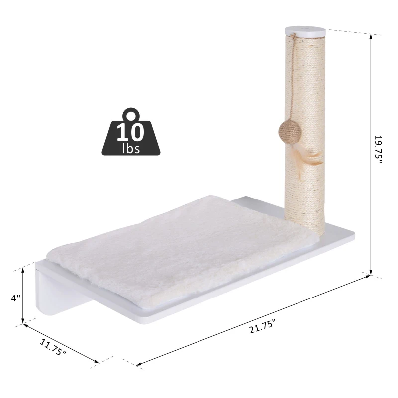 PawHut Wall-Mounted Cat Shelf W/ Scratching Post  Toy  Berber Fleece Mat Wood Kitten Climbing Tree