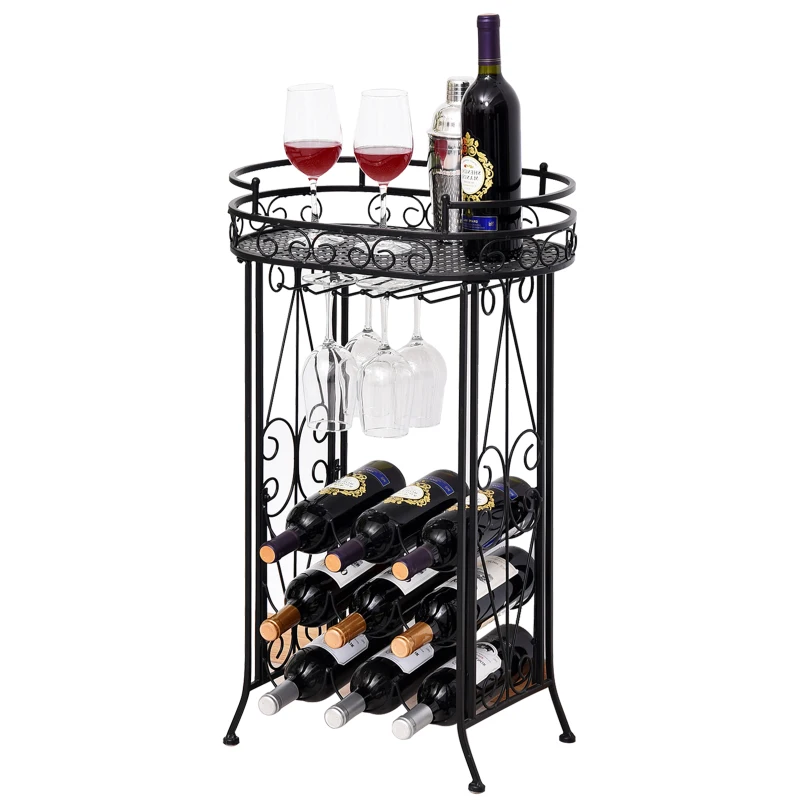 HOMCOM 9 Bottle Steel Wine Rack Glasses Holder Stand Vintage Storage Cabinet with Table Top