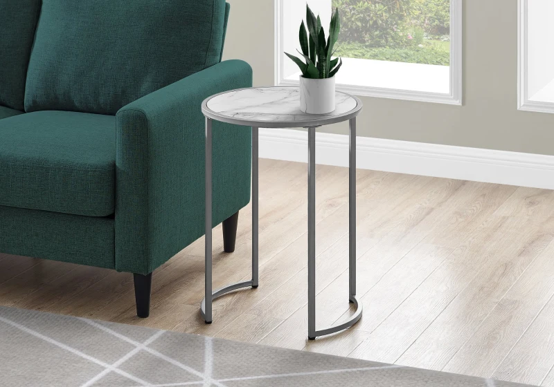 Monarch 24" Round Metal Accent Table with Marble-Look Top - White / Silver Metal