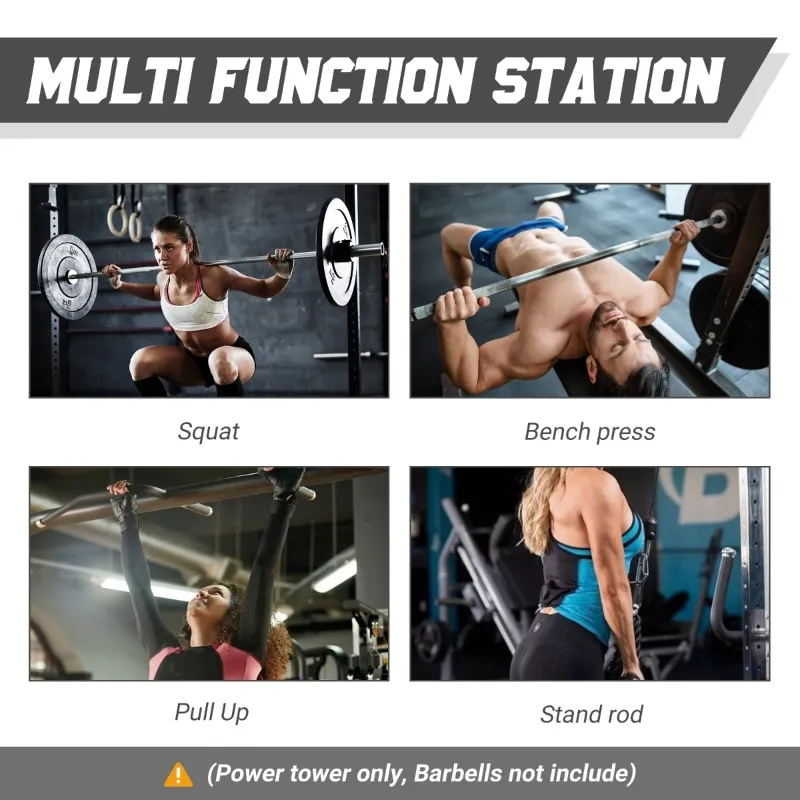 Soozier Multi-Functional Power Tower Dip Station Pull Up Bar Lat Pull Down Machine, Power Cage Fitness Equipment for Home Gym, Weightlifting Barbell Squat Rack, Dip Workout Station