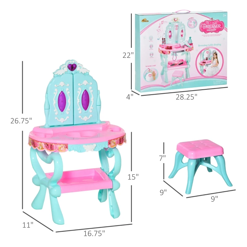 Qaba 32 PCS Kids Vanity Dressing Table Play Set w/ Magic Princess Mirror, Light & Music