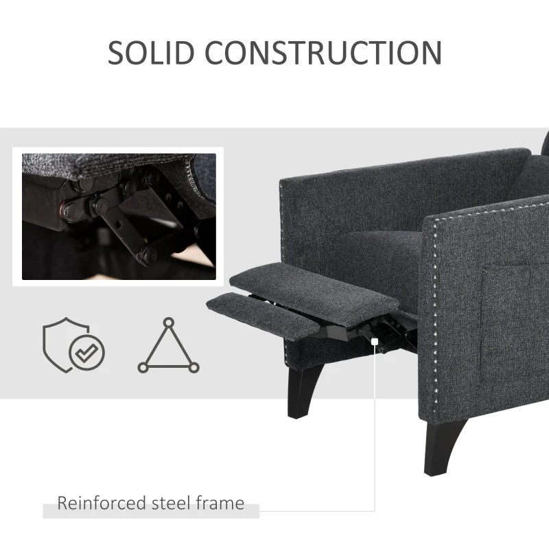 HOMCOM Push Back Manual Recliner Sofa,  Linen Fabirc Armchair with Thick Sponge Padding seat   and Footrest for Living Room, Dining Room, Office, Dark Grey