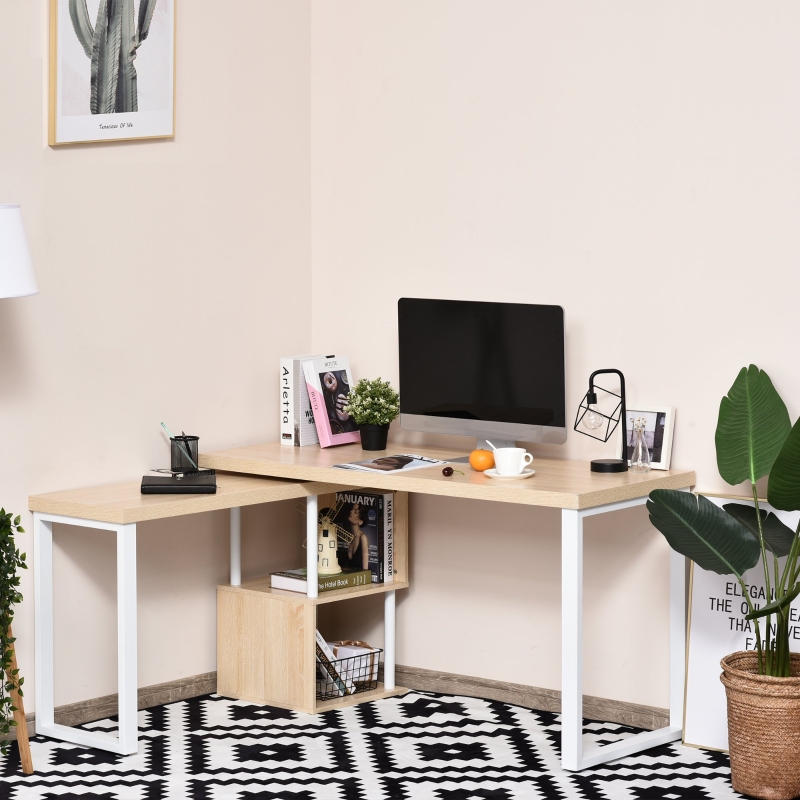 HOMCOM 360° Rotating Corner Desk L-Shaped PC Workstation Student Writing Table with Storage Shelf Home Office Oak Tone