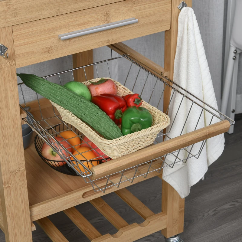 HOMCOM Bamboo Rolling Kitchen Island on Wheels Storage Cart with Granite Top, a Slide-Out Basket & Wine Storage Rack