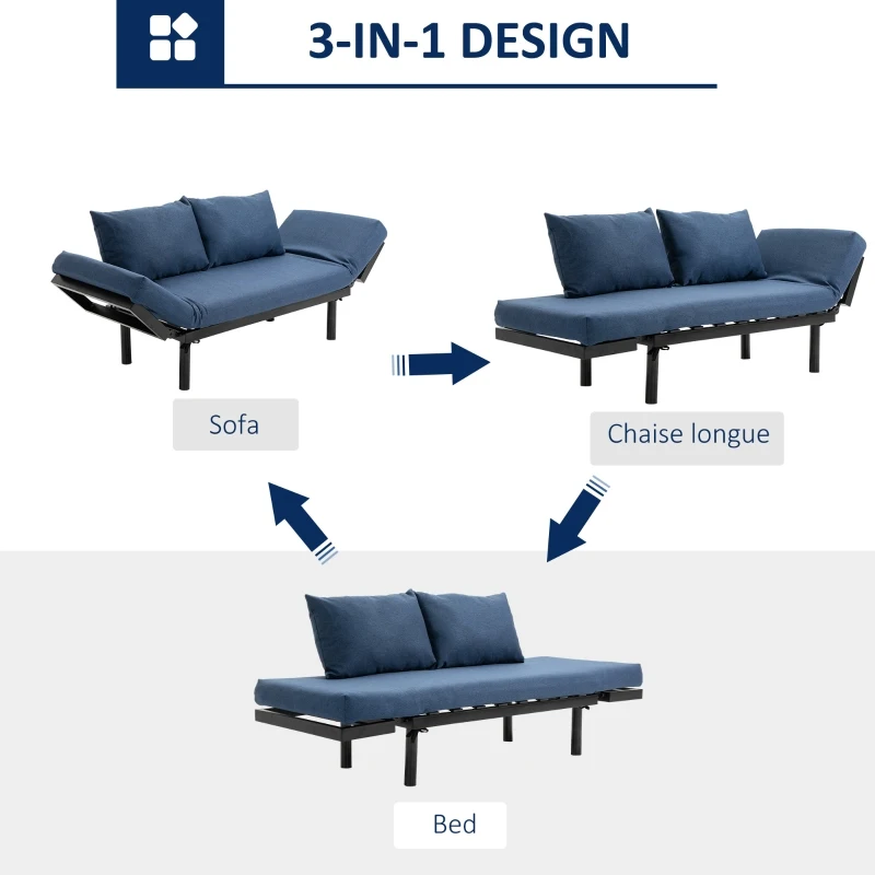 HOMCOM Single Person Chaise Lounger, Modern Sofa Bed with 5 Adjustable Positions, 2 Large Pillows, and Birch Legs, Blue