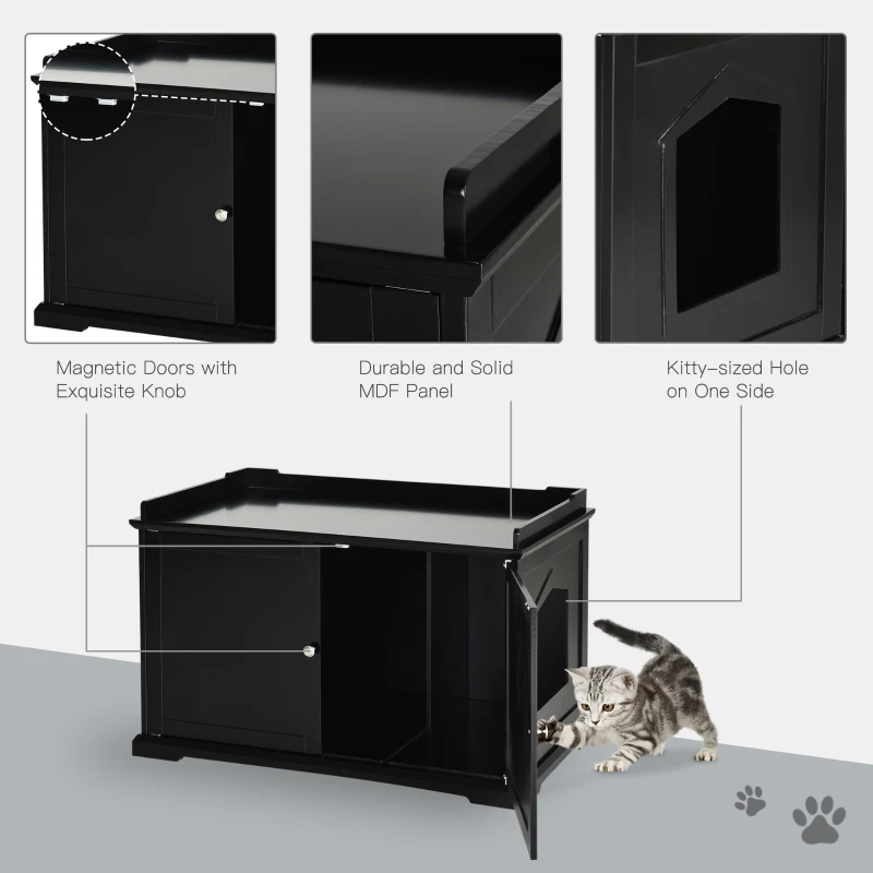 PawHut 37.5" Wooden Covered Mess Free Cat Litter Box End Table Hideaway Cabinet with Storage for Accessories, Black