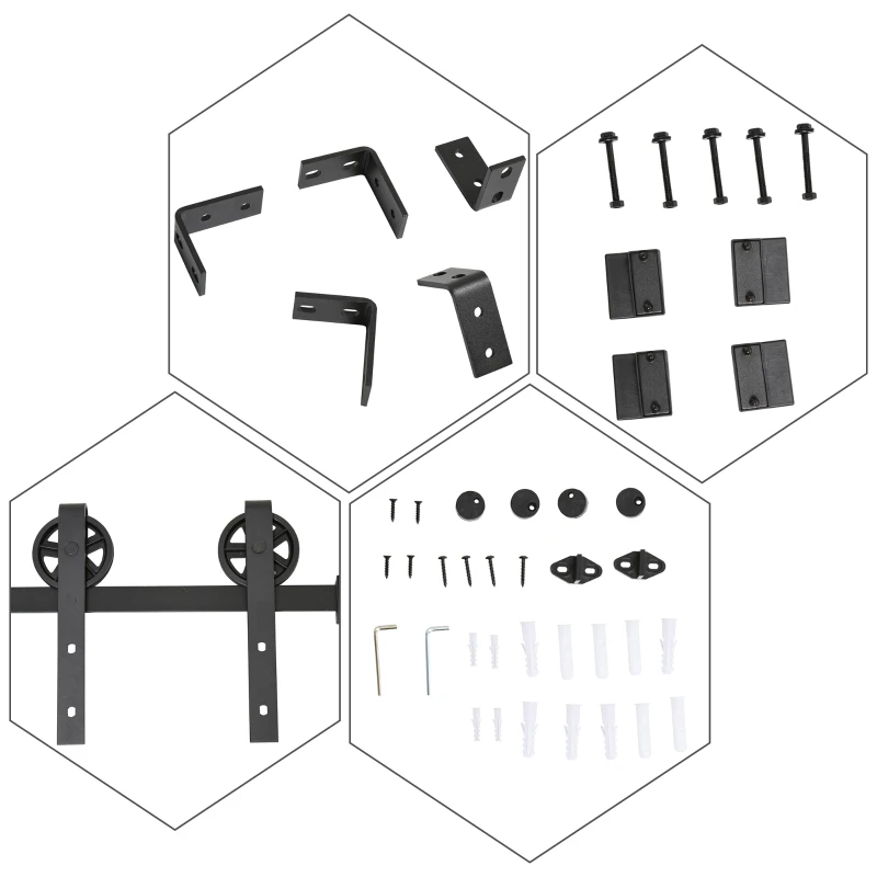 HOMCOM Sliding Barn Door Kits Hardware Closet Set Track System for Double Wooden Door Industrial Wheel Style Roller