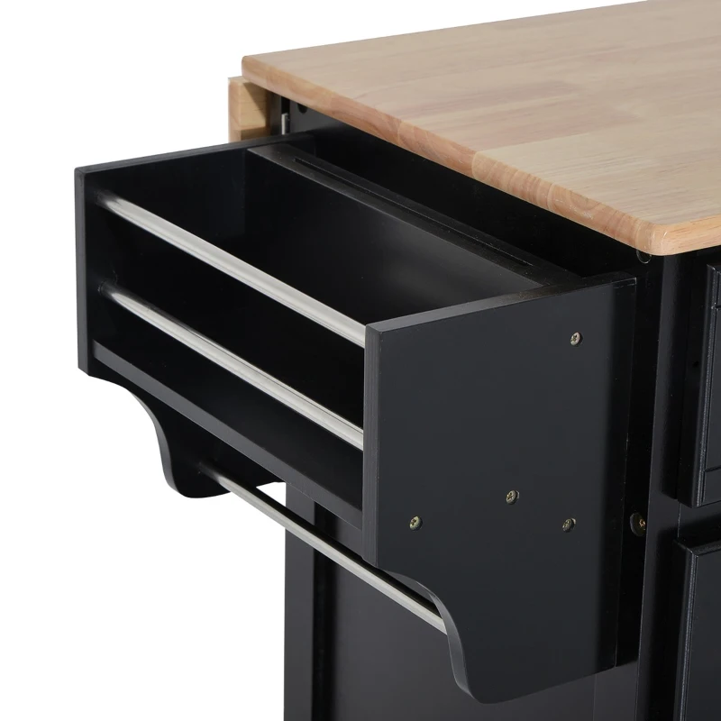 HOMCOM Rolling Kitchen Island on Wheels Ultility Cart with Drop-Leaf and Rubber Wood Countertop, Storage Drawer, Door Cabinet, Black