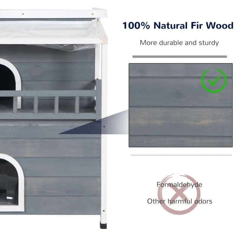 PawHut 2-Story Wooden Cat House Feral Cat Shelter with Transparent PVC Canopy, Balcony, Escape Door and Openable Weatherproof Roof for Outdoor, Grey