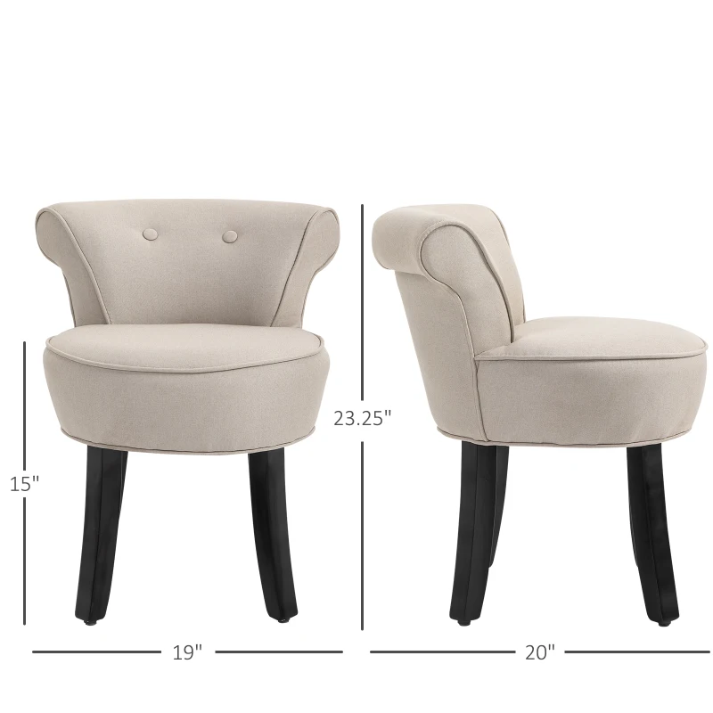 HOMCOM Upholstered Linen Vanity Stool with Curved Thick Padded Backrest, Rubberwood Legs, and Footpads, Beige