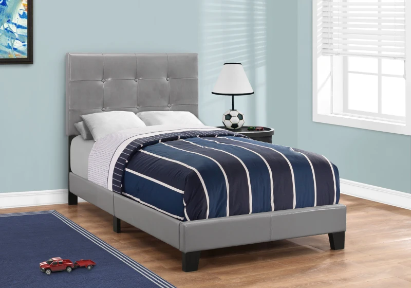 Monarch Twin Size Contemporary Upholstered Bed Frame with Tufted Headboard and Wood Legs - Grey Leather Look