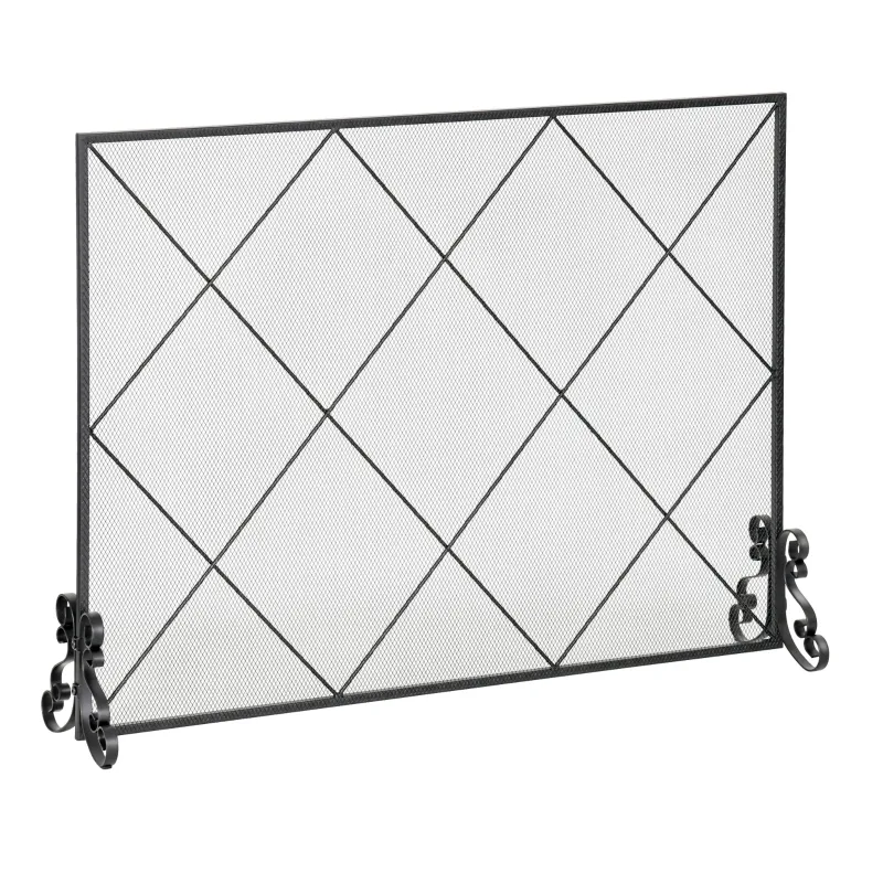 HOMCOM 41x32in Single Panel Fireplace Screen, Steel Mesh Fire Spark Guard Cover Art Modern Decoration for Living Room, Black