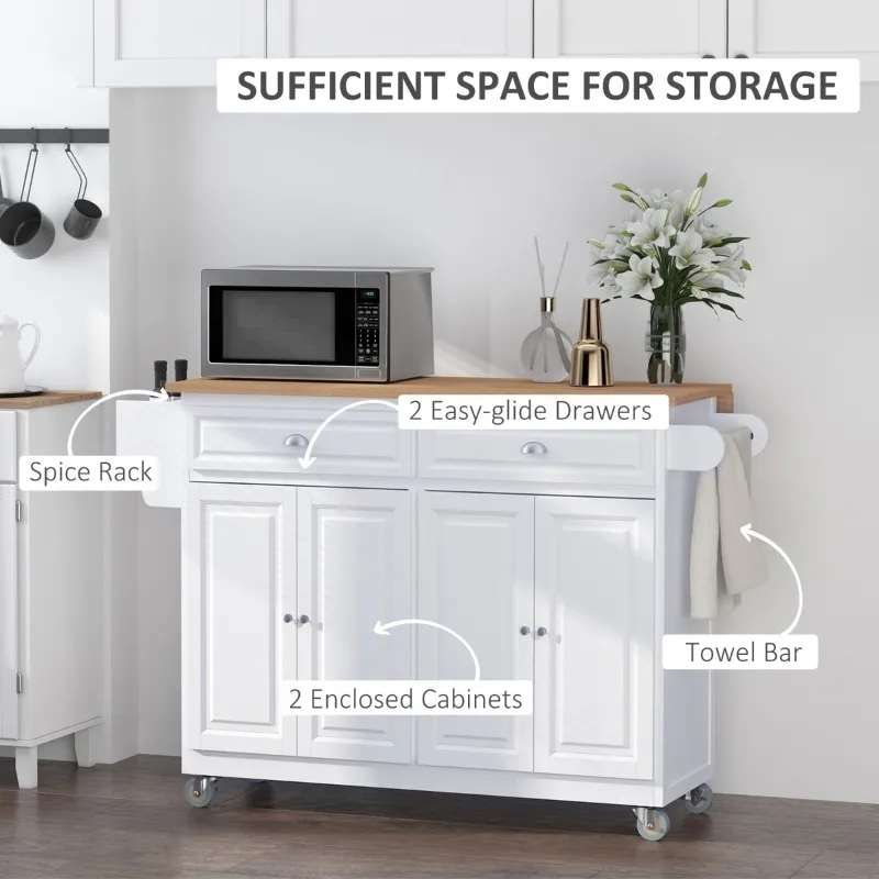 HOMCOM Rolling Kitchen Island on Wheels Ultility Cart with Drop-Leaf and Rubber Wood Countertop, Storage Drawer, Door Cabinet, White