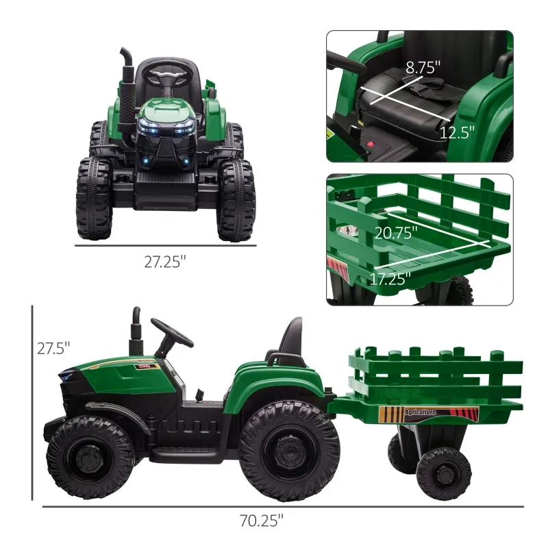 Aosom 12V 7AH Kids Ride On Tractor, Electric Battery Powered Agricultural Toy Car, w/ Back Trailer, Adjustable Speed, 10 LED Headlights, Green