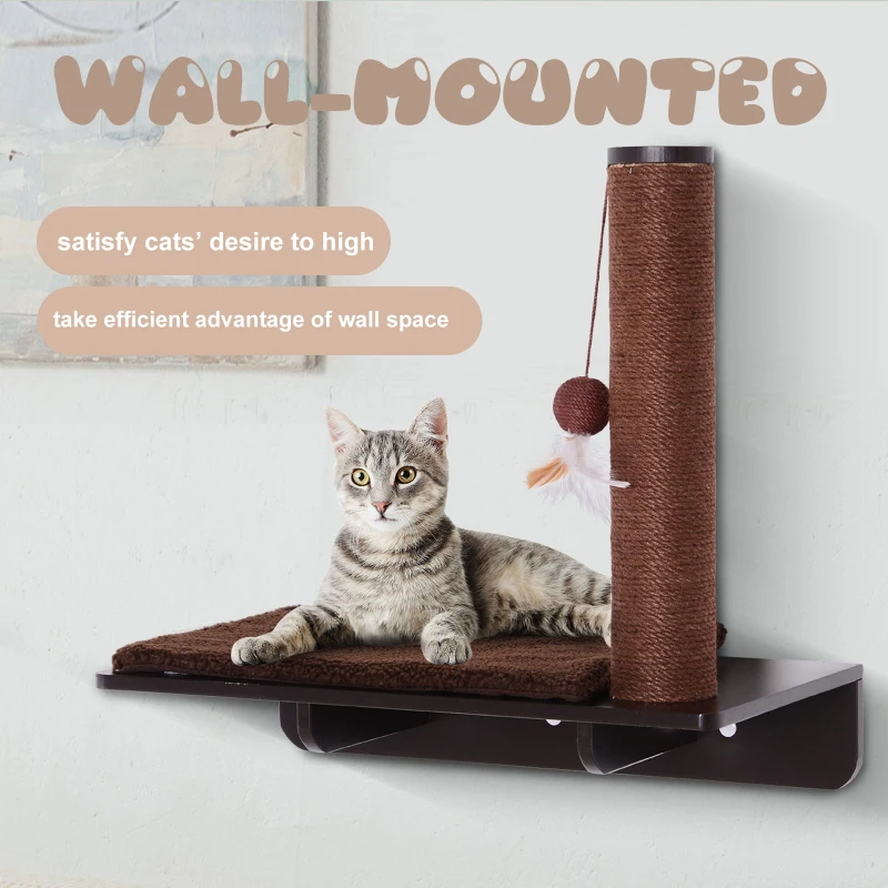 PawHut Cat Climbing Frame Shelf Wall-mounted w/ Mat and Toy Brown