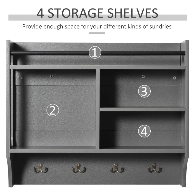 HOMCOM Wall-Mounted Floating Storage Shelf with 4 Storage Units and 4 Dual Hooks, Grey