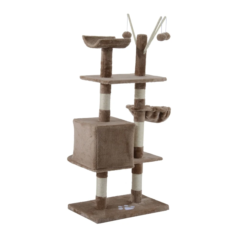 PawHut 53" Multi-Level Scratching Cat Tree Play House with Two Condos and Toys Light Brown