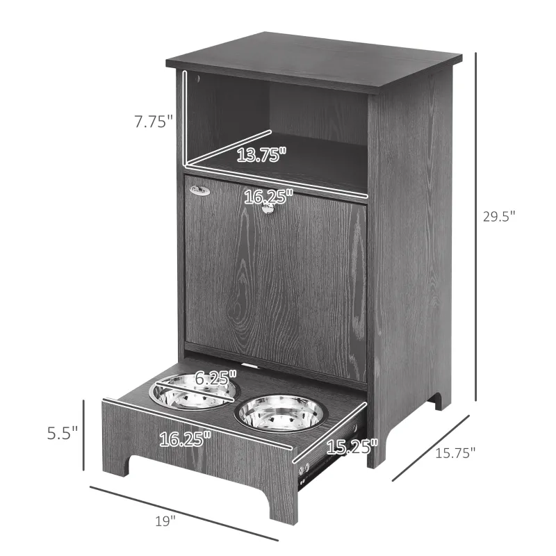 PawHut Pet Feeder Station Dog and Cat Food Storage Feeding Station Food Cabinet Pet Storage Organizer Grey