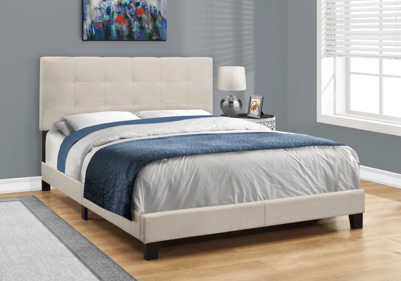 Monarch Queen Size Contemporary Upholstered Bed Frame with Tufted Headboard and Wood Legs - Beige Linen Look