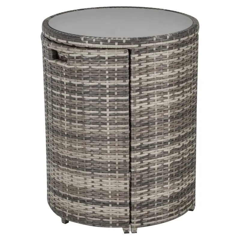 Outsunny 3 PCS Outdoor Rattan Wicker Bistro Set with Storage Shelf, Glass Top Table, Soft Cushioned Chairs and Space Saving Design, Patio Conversation Set for Garden Backyard Porch, Grey