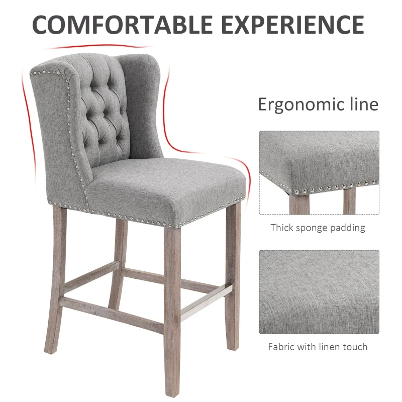 HOMCOM Counter Height Bar Stools Set of 2, Upholstered 26.75" Seat Height Barstools, Light Gray