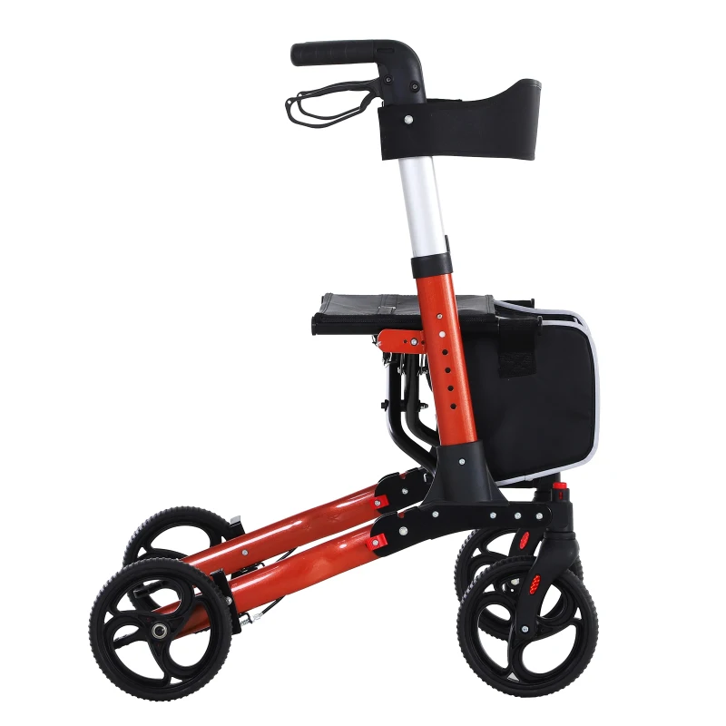 HOMCOM Aluminum Transport Rollator Walker 1-Step Open W/ Adjustable Seat  Bag  Crutch Holder