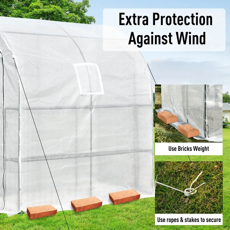 Outsunny 7' x 3' x 7' Outdoor Lean-to Walk-In Greenhouse, Plant Gardening Green House with Roll-up Mesh Windows, Zipper Door and 3-Tier Shelves, White and Green Frame