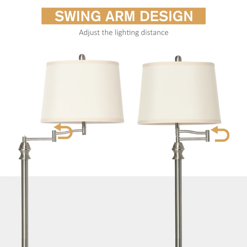 HOMCOM Standing Floor Lamp Tall Pole Light with Shade, Metal Round Base Adjustable Support Pole, E26 Bulb Base, for Bedroom, Living Room, Office, Silver/Beige