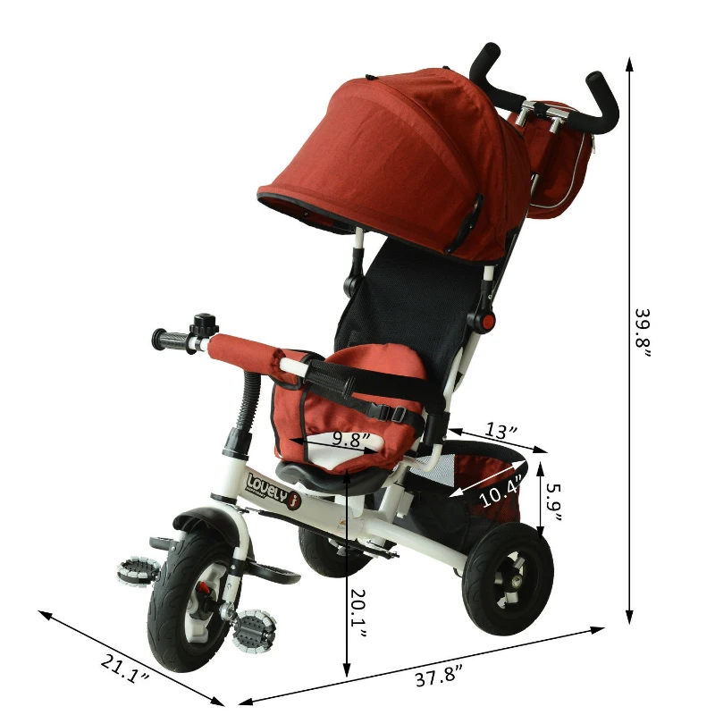 Qaba 4-in-1 Baby Tricycle & Stroller Kids Trike with Pushbar and Canopy Toddler Ride On  Red